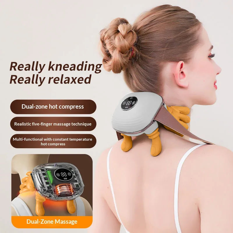 Simulated Small Hand Kneading Cervical Spine Massage Trapezius Muscle Massage LCD Display 3-Speed Mode 2-Level Warm Compress Mas