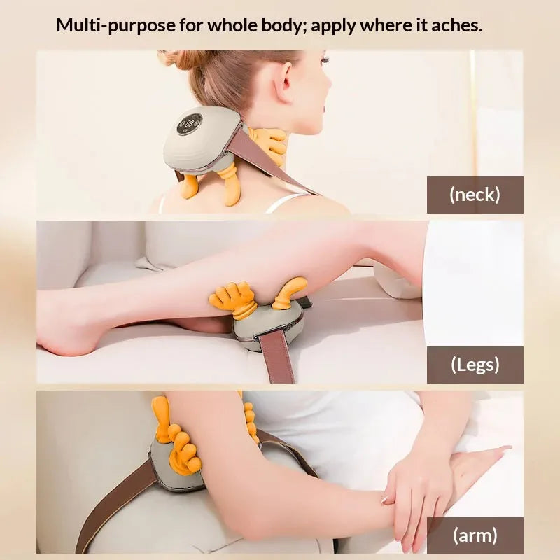 Simulated Small Hand Kneading Cervical Spine Massage Trapezius Muscle Massage LCD Display 3-Speed Mode 2-Level Warm Compress Mas