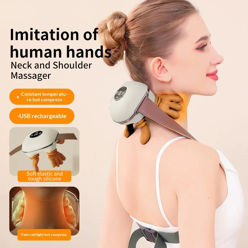 Simulated Small Hand Kneading Cervical Spine Massage Trapezius Muscle Massage LCD Display 3-Speed Mode 2-Level Warm Compress Mas