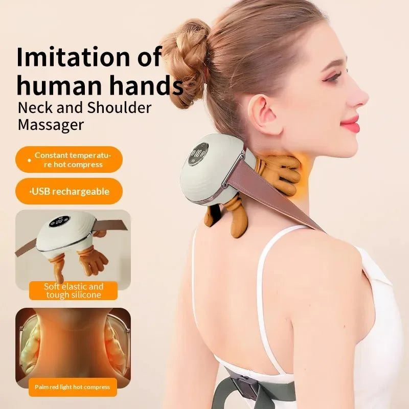 Simulated Small Hand Kneading Cervical Spine Massage Trapezius Muscle Massage LCD Display 3-Speed Mode 2-Level Warm Compress Mas