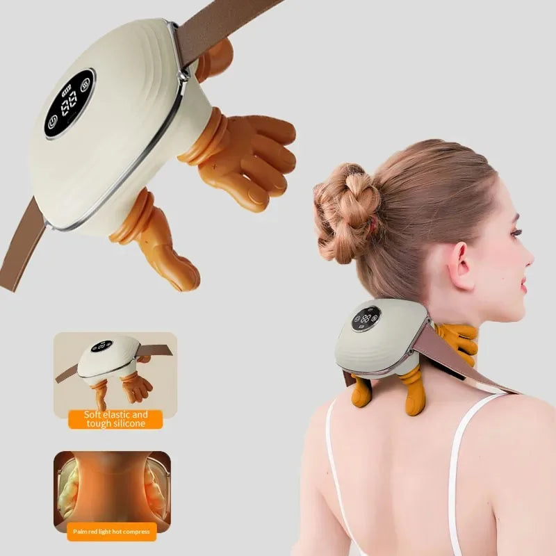 Simulated Small Hand Kneading Cervical Spine Massage Trapezius Muscle Massage LCD Display 3-Speed Mode 2-Level Warm Compress Mas